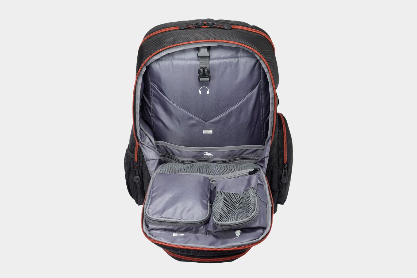 A front view of a an Asus ROG Nomad V2 backpack with it's front side opened.