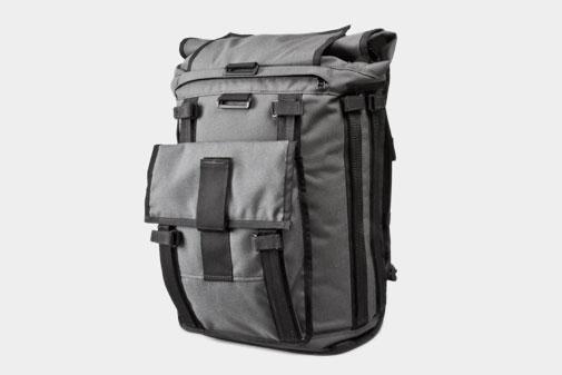 Profile frontal view of a gray Mission Workshop R6 Arkiv Field Pack.