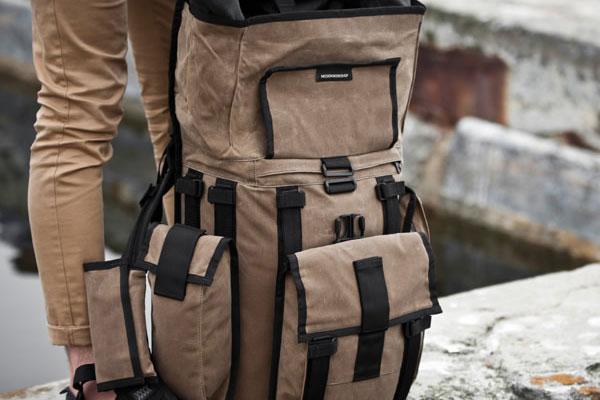 Close frontal profile view of a tan Mission Workshop R6 Arkiv Field Pack.