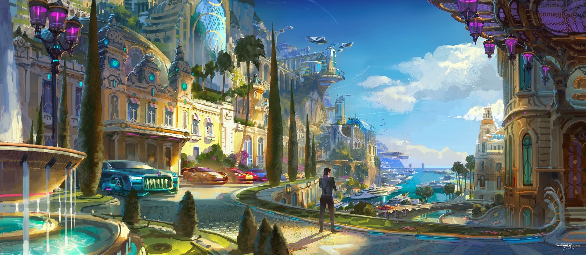 A man standing on a curved road in a city.