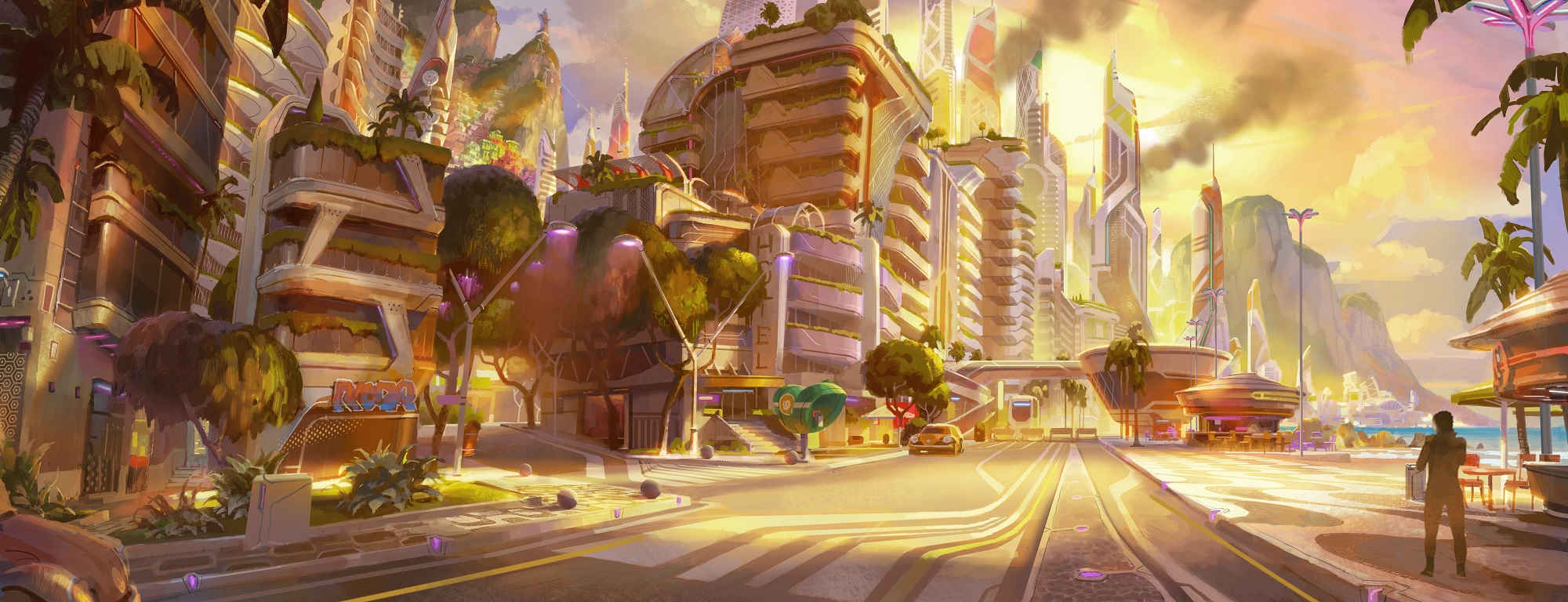 A sunset on an empty street in a future city.
