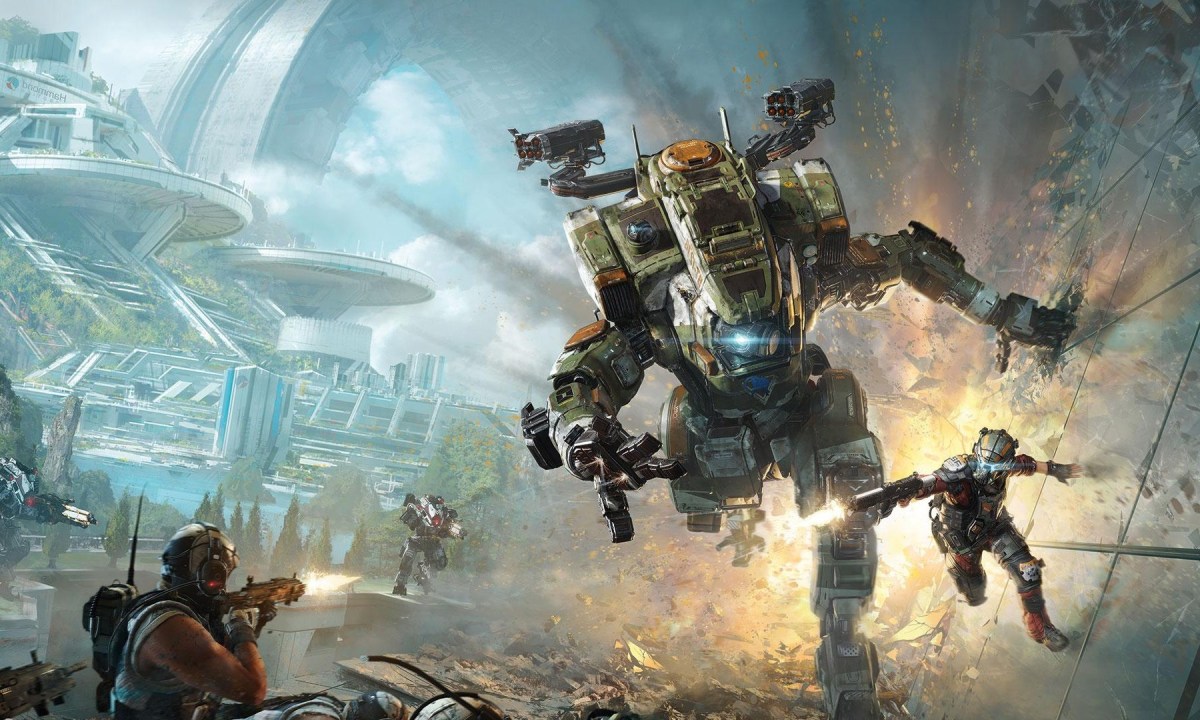 A pilot standing in front of a titan with a sword in the ground.