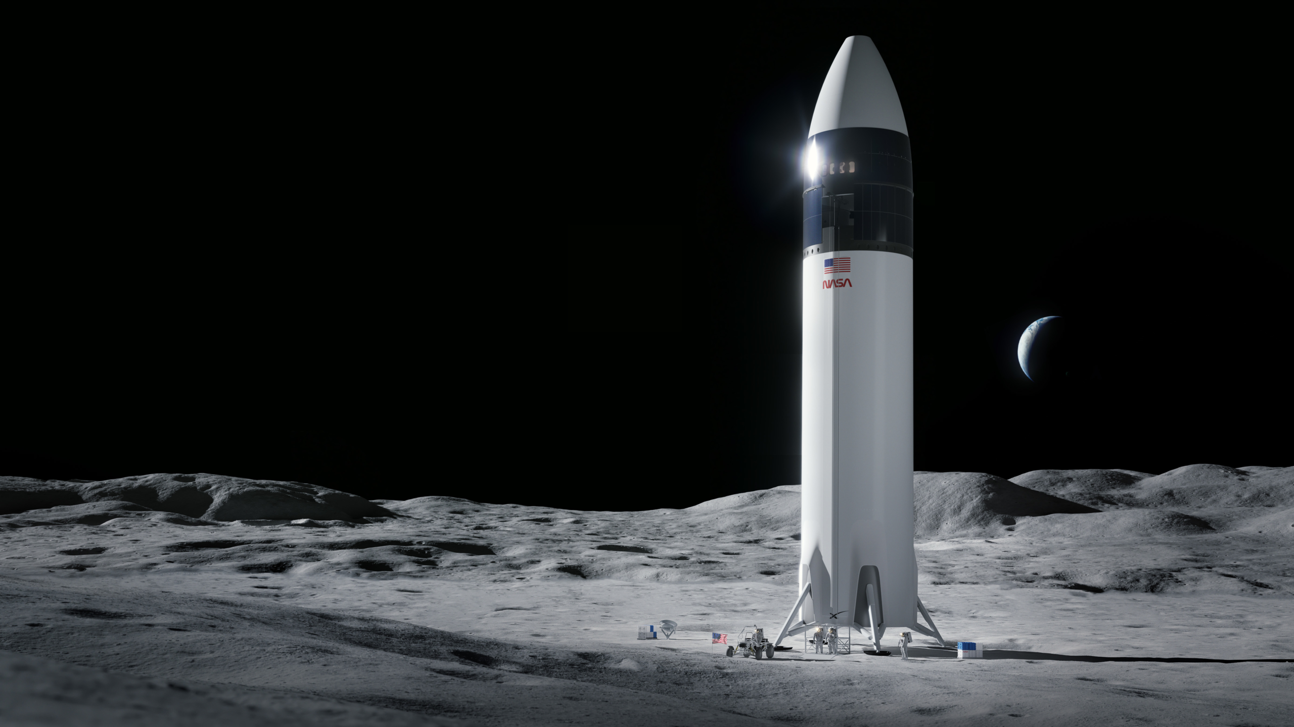 Illustration of SpaceX Starship human lander design that will carry the first NASA astronauts to the surface of the Moon under the Artemis program.