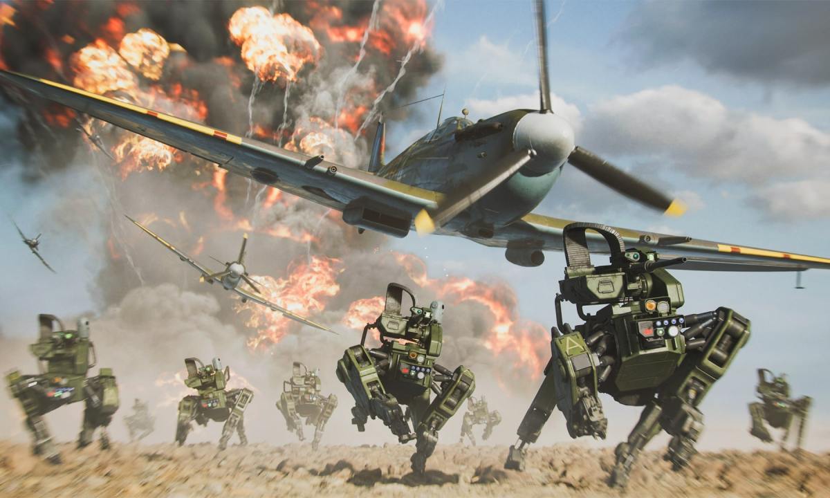 A World War 2 plane flies over Battlefield 2042's robots.