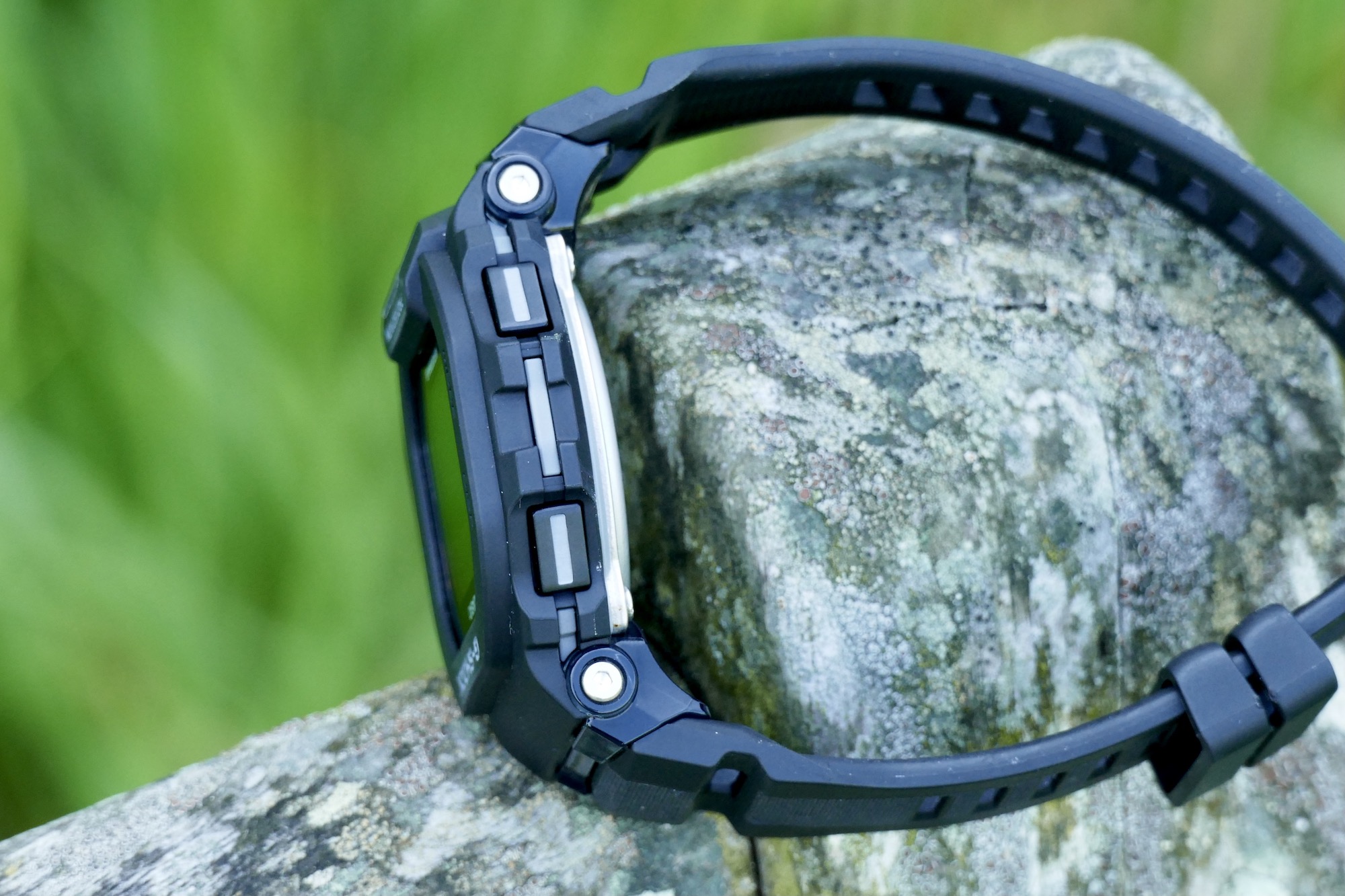 The Casio G-Shock GBD-200 grey buttons.