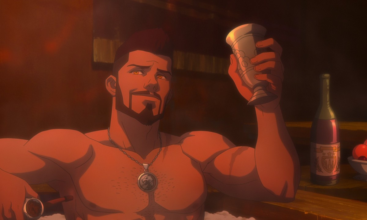 Vesemir in the tub in a scene from The Witcher: Nightmare of the Wolf.