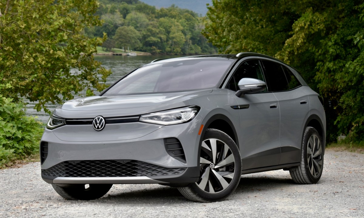 A 2021 Volkswagen ID.4 AWD front three quarter view.