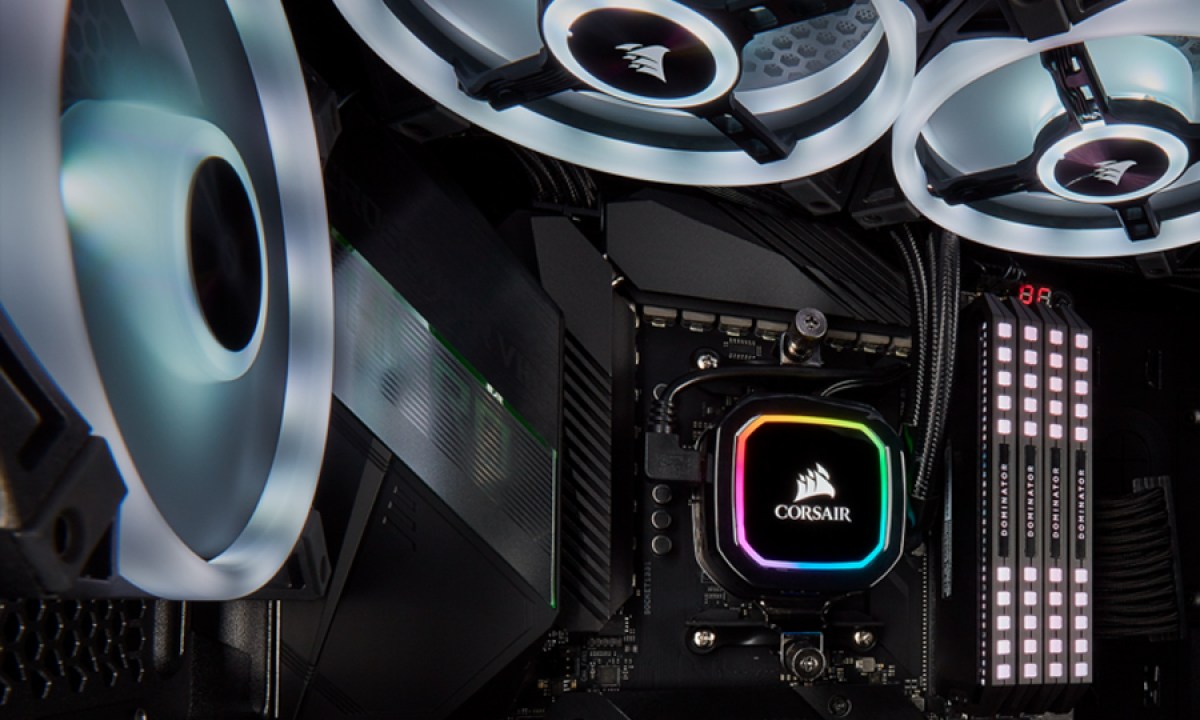 Corsair H100i AIO installed on a CPU.