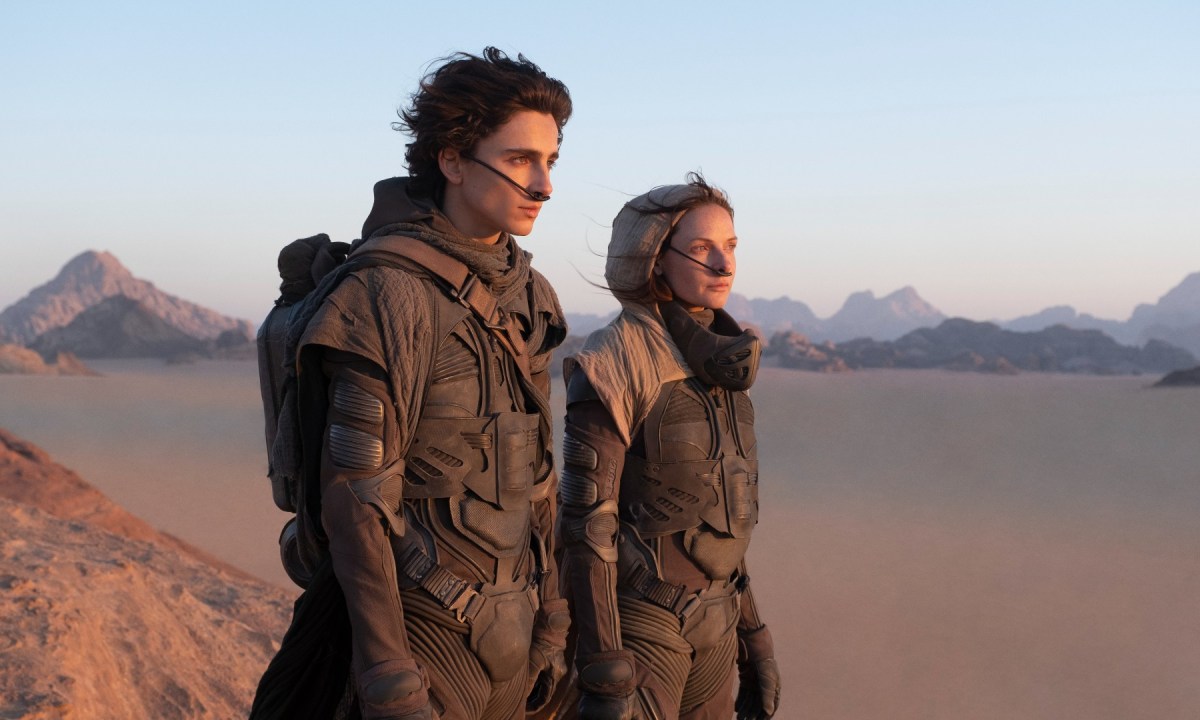 Timothee Chalamet and Rebecca Ferguson gaze into the desert in Dune.