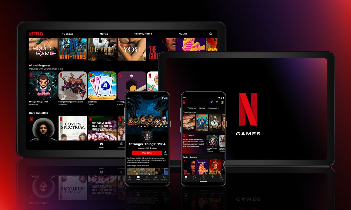 Netflix Gaming promo showing mobile, tablet, and desktop menus.