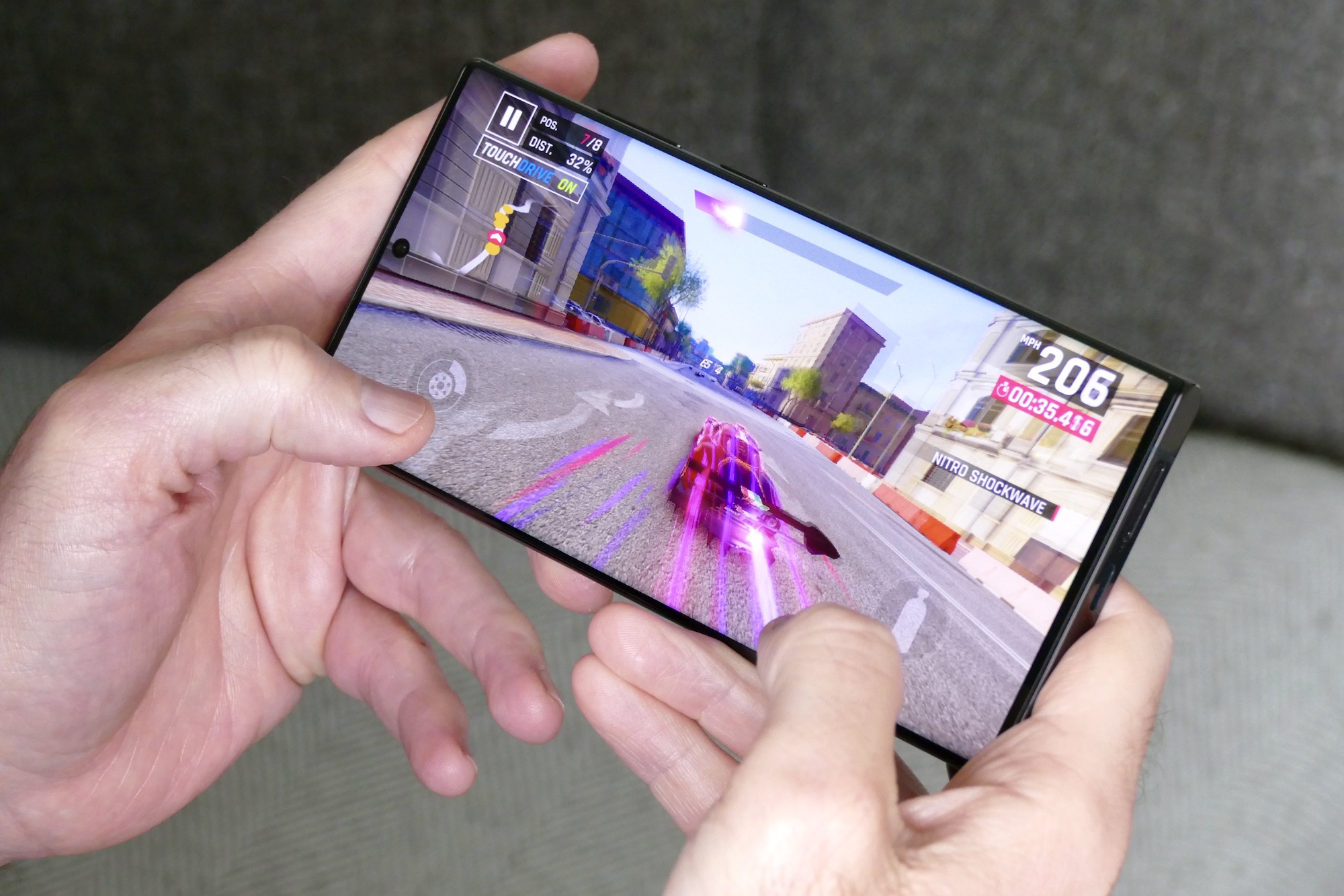 Playing Asphalt 9 on the Galaxy S22 Ultra.