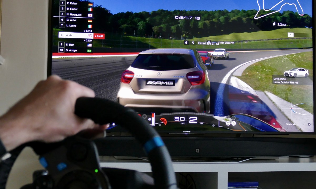 Gran Turismo 7 played with a steering wheel.