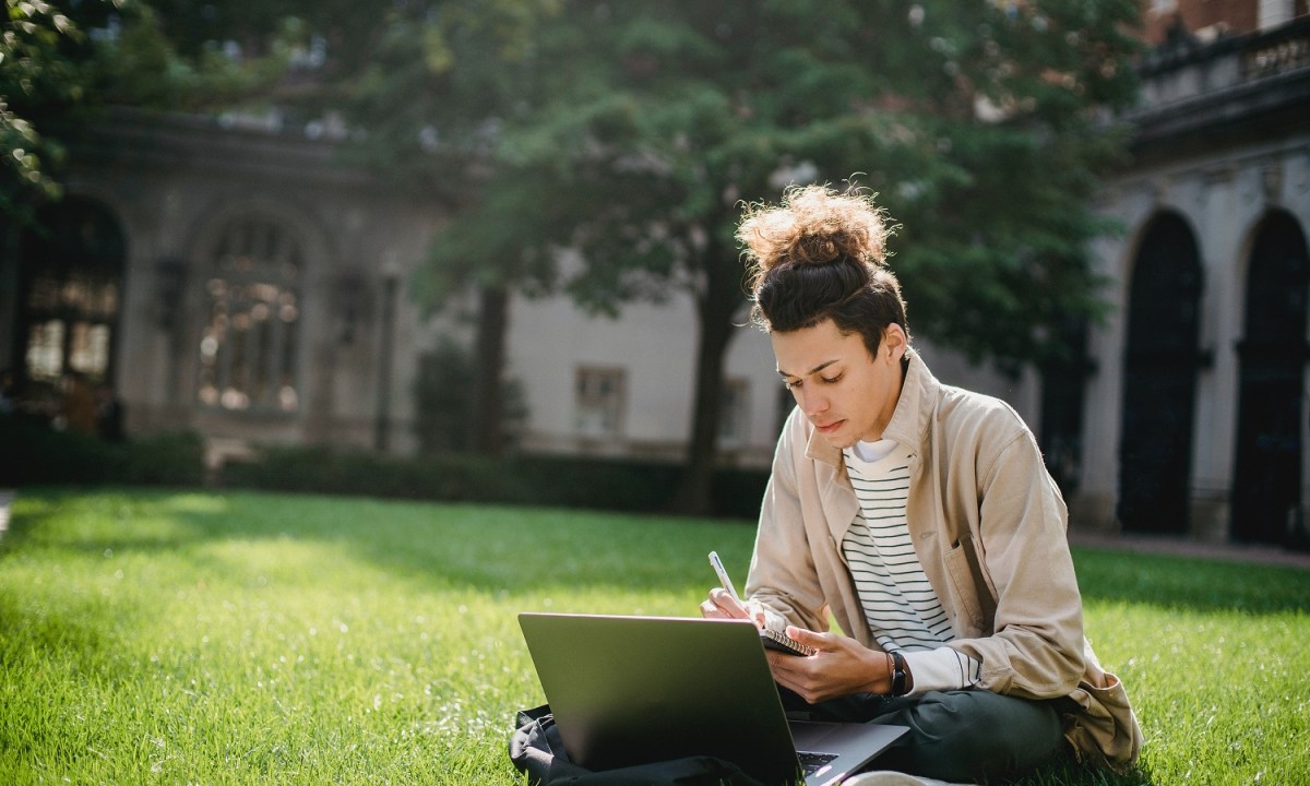 A person sitting on the grass and taking notes at a laptop.