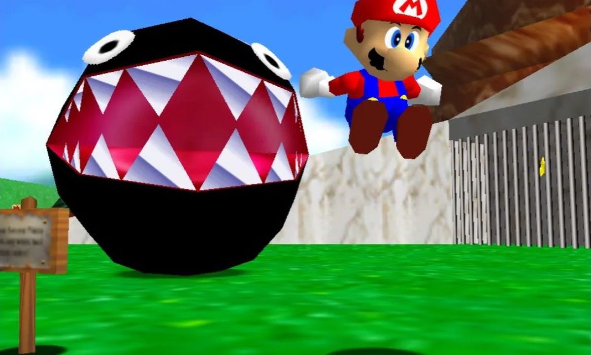 Mario narrowly avoids a Chain Chimp in Super Mario 64.