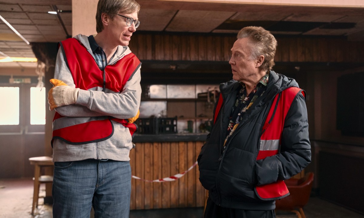 Stephen Merchant and Christopher Walken talk in a scene from The Outlaws.