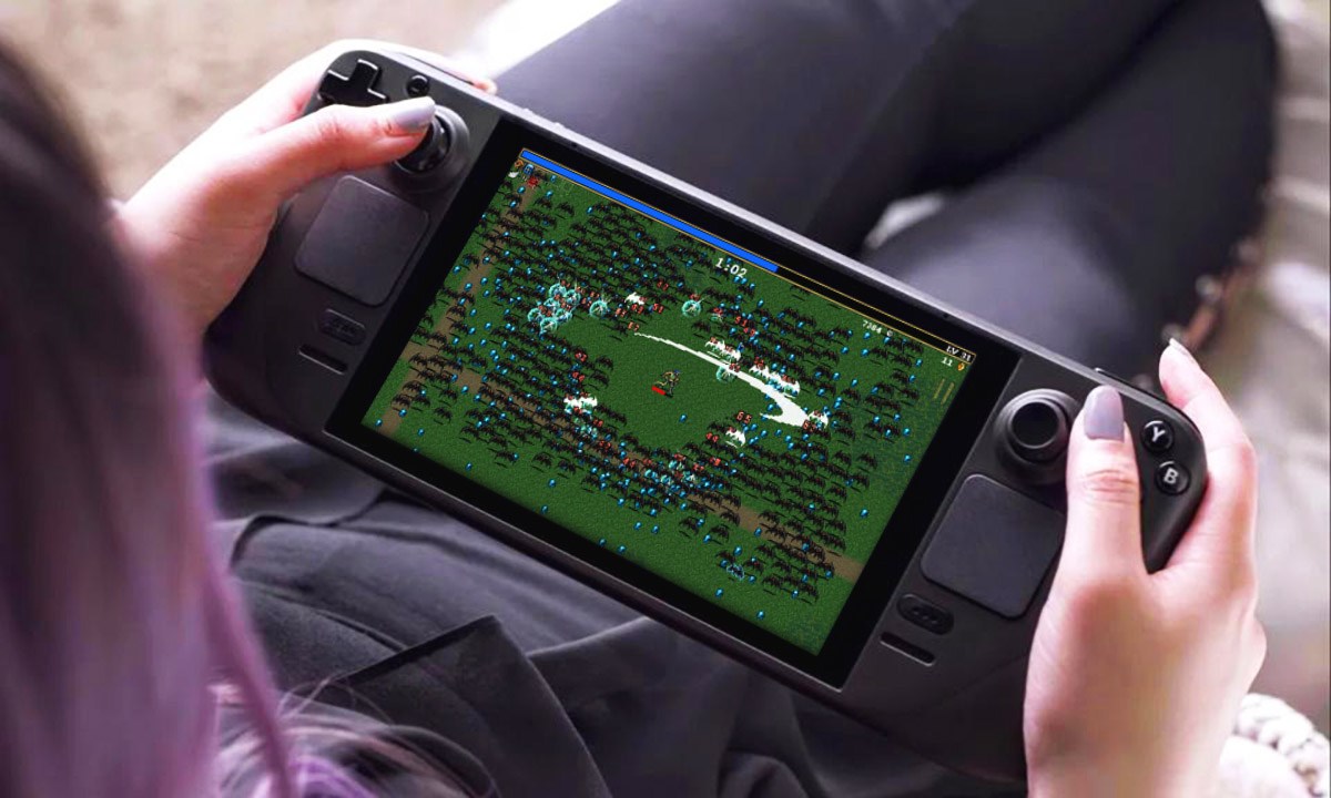 A woman plays Vampire Survivors on a Steam Deck.