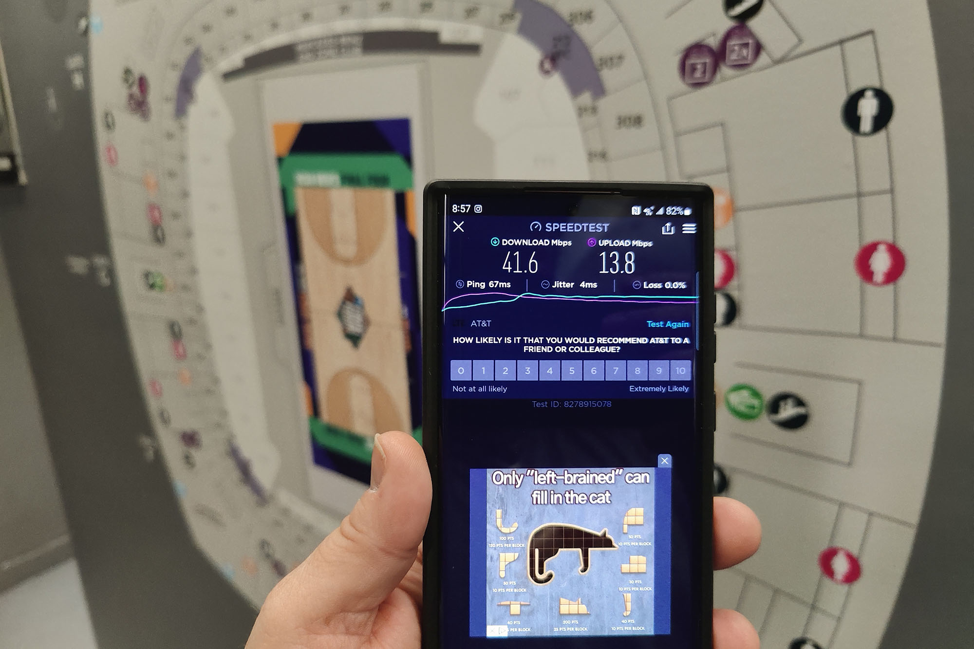 5G test in front of a map of the Superdome.