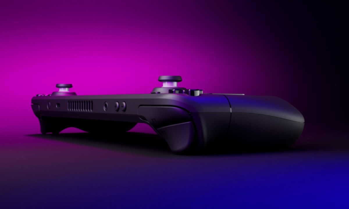Steam Deck side view with purple background.