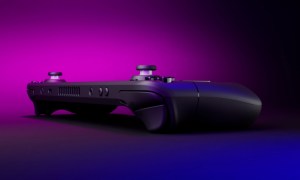 Steam Deck side view with purple background.