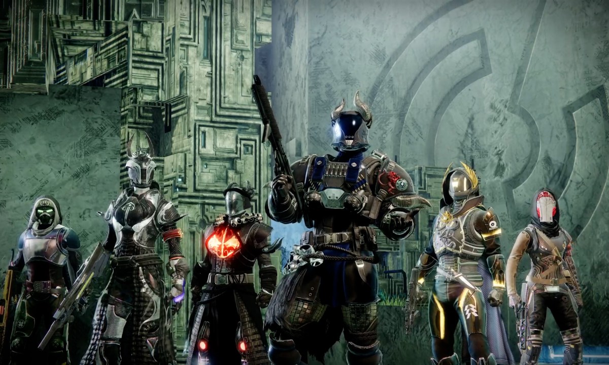A group of 6 Destiny 2 players stand in a line, waiting for a match to start.