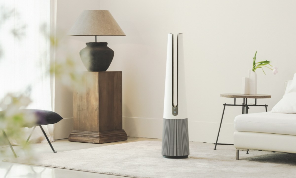 The LG PuriCare AeroTower sits in the center of a room and cools the entire space.