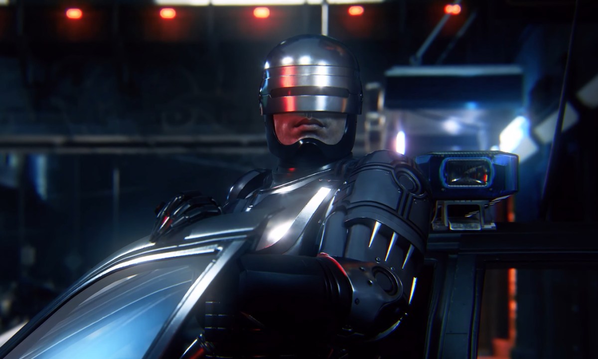 Robocop getting out of a car.