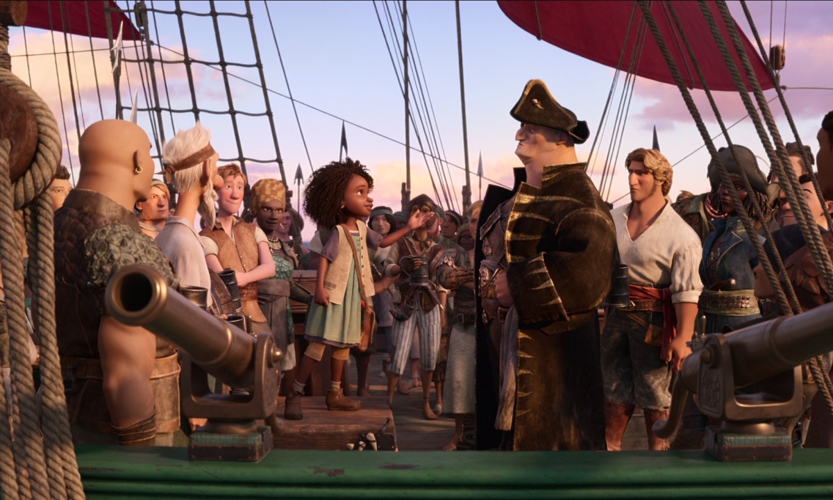 The captain and crew of the ship The Inevitable looks at stowaway Maisie in a scene from The Sea Beast.