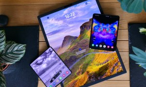 The Asus Zenbook Fold 17 with the Galaxy Z Fold 4 and Galaxy Fold.