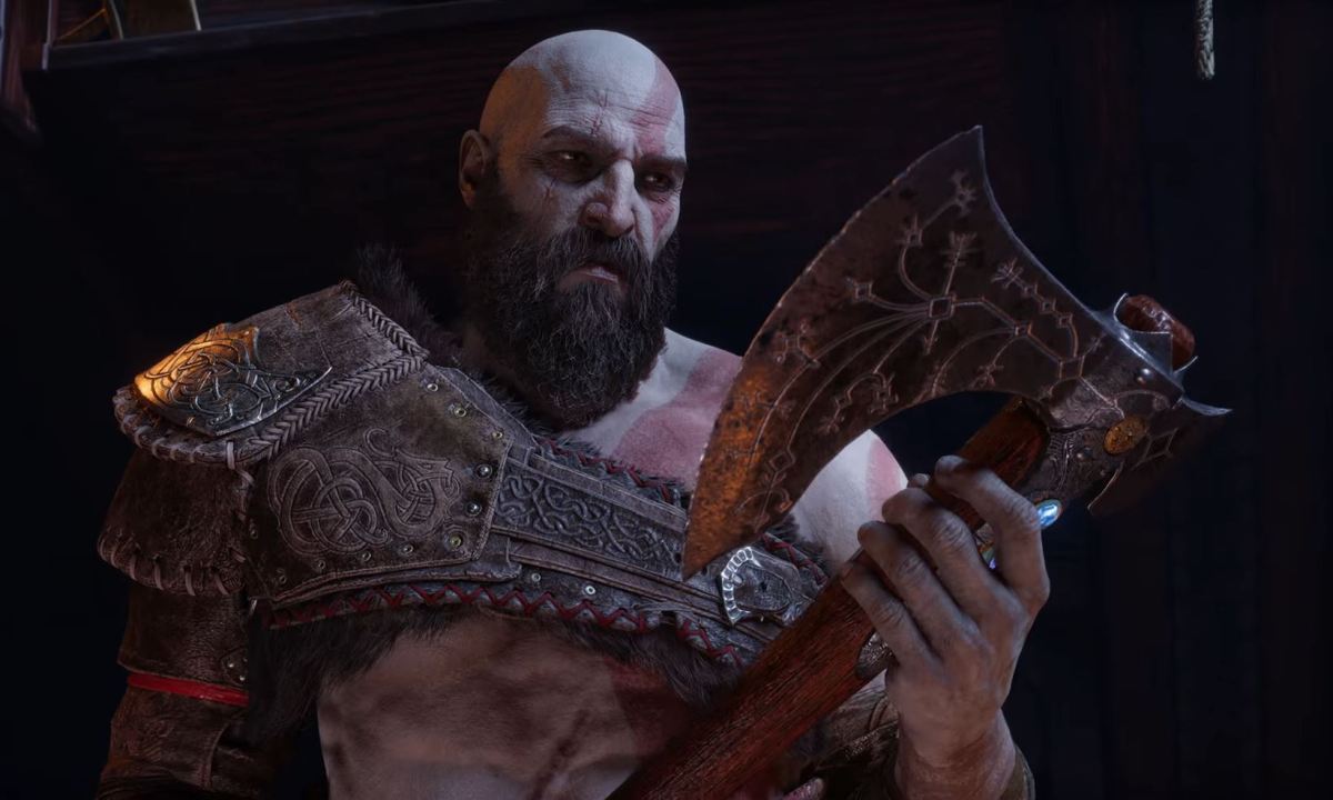 Kratos looks at the Leviathan Axe.