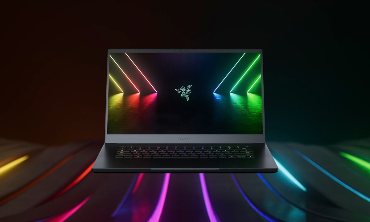 The Razer Blade 15 gaming laptop with RGB lighting on the background.