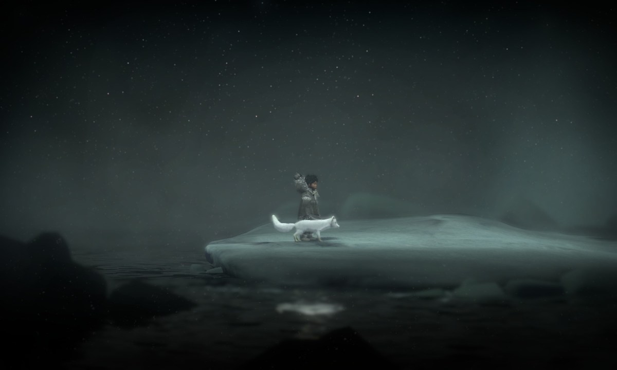 A young girl dressed in buckskin stands besides a bright white arctic fox as snow cascades down.