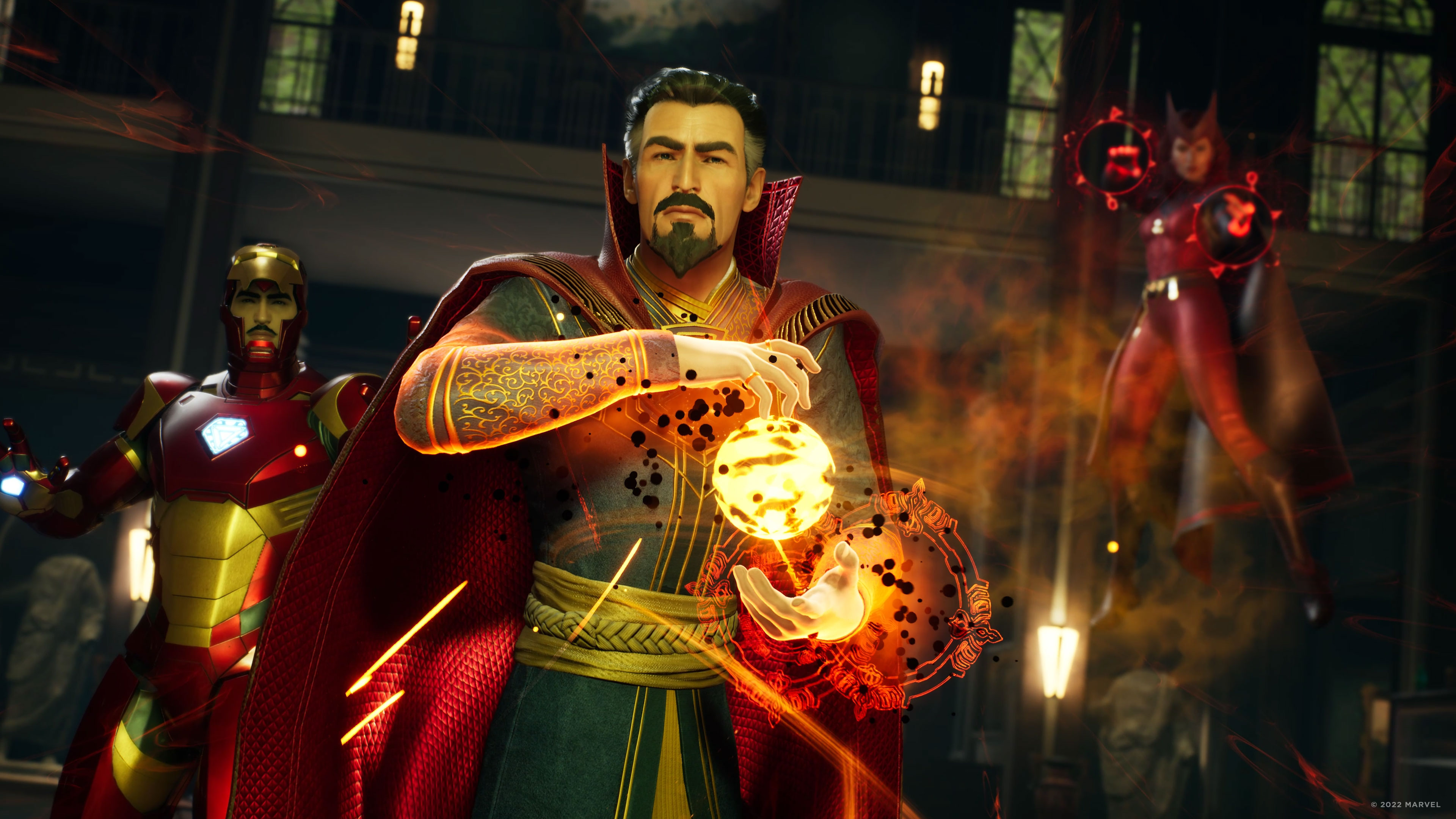 Dr. Strange, Iron Man, and Scarlet Witch defend and Sanctum Santorum in Marvel's Midnight Suns.