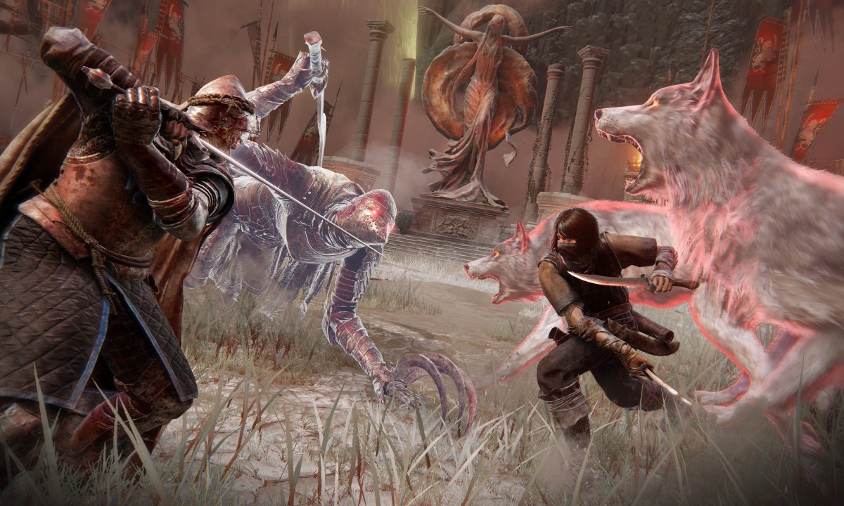 Four players fight in an Elden Ring colosseum.