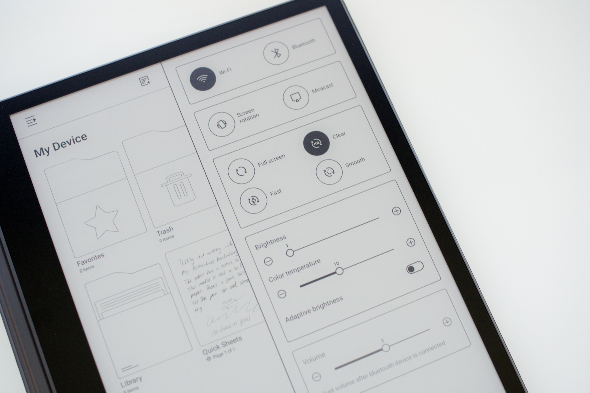 Quick settings on the Lenovo Smart Paper.