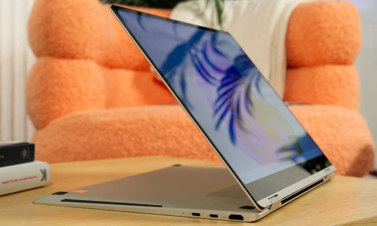 Samsung Galaxy Book 3 Pro 360 propped up on a table with its 360-degree hinge.