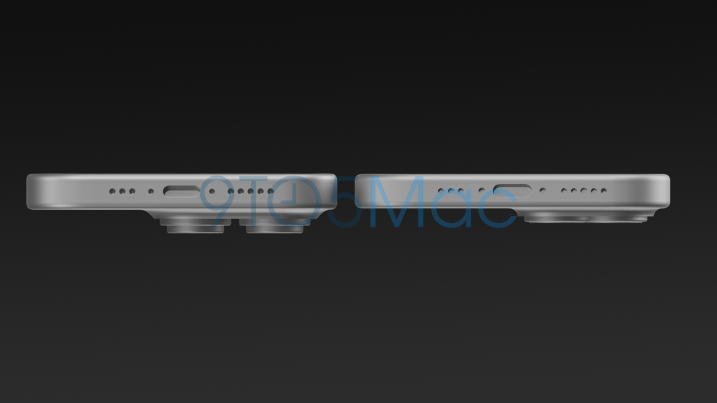 CAD renders of the iPhone 15 showing its base and top.