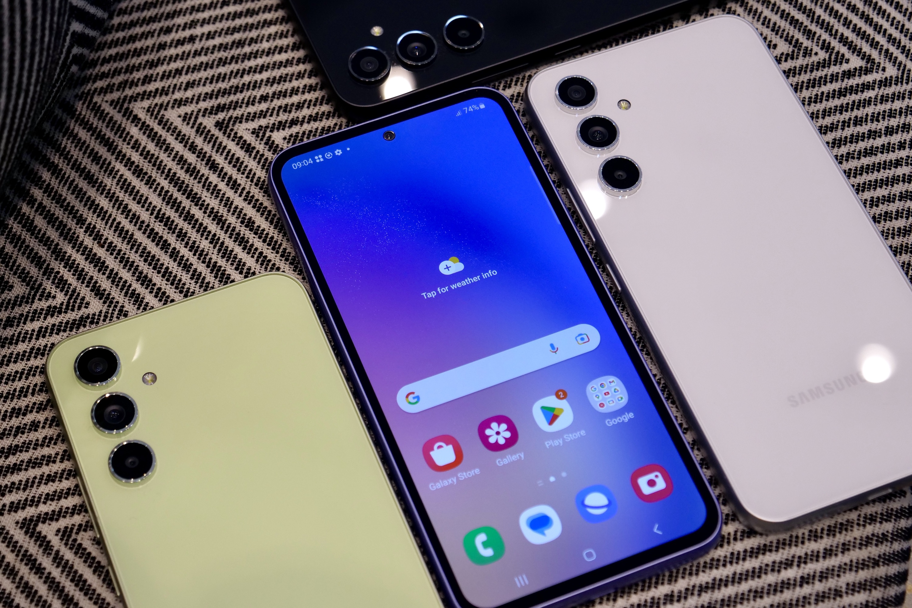 The Galaxy A54 range, with one model showing the screen.