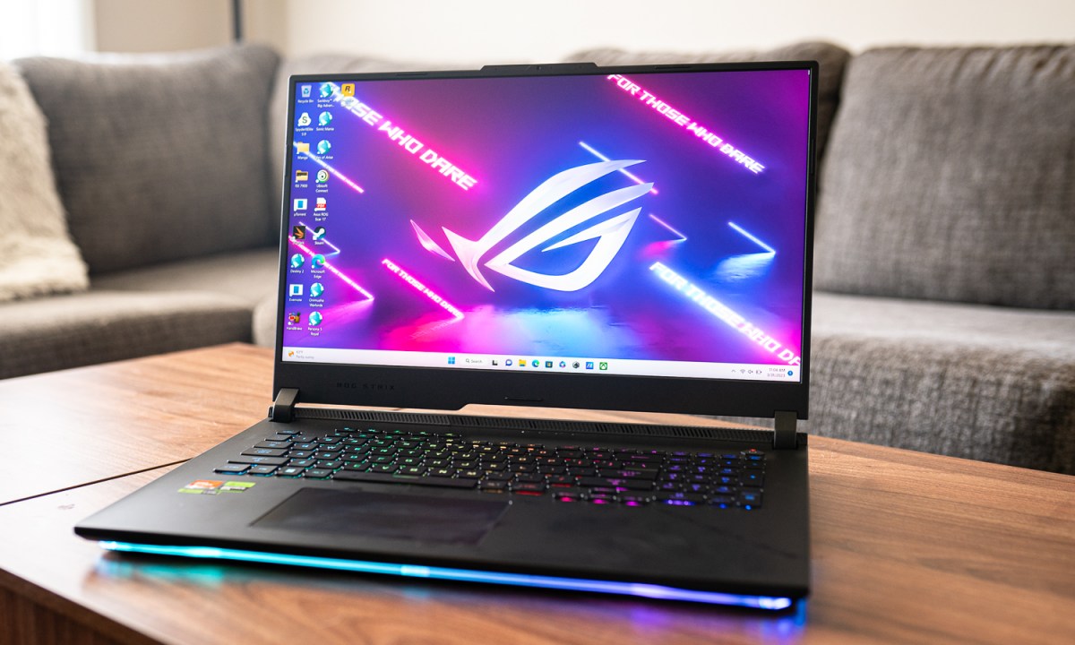 Asus ROG Strix Scar 17 sitting on a table.