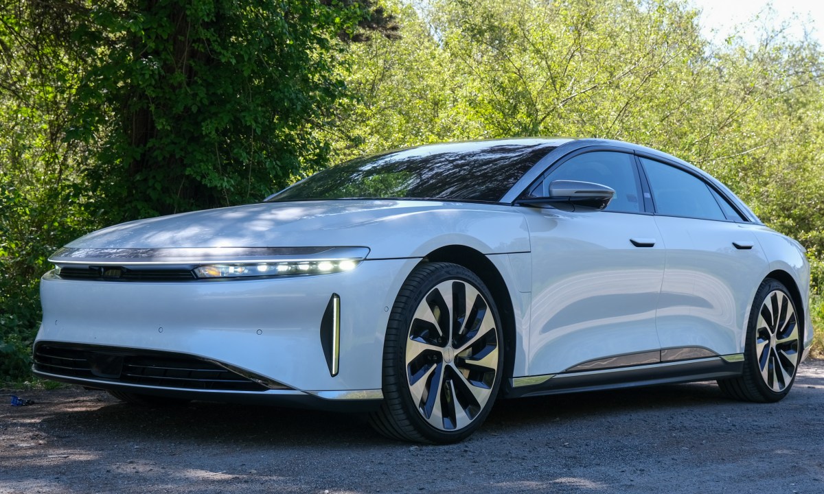 The front three-quarter view of a Lucid Air.