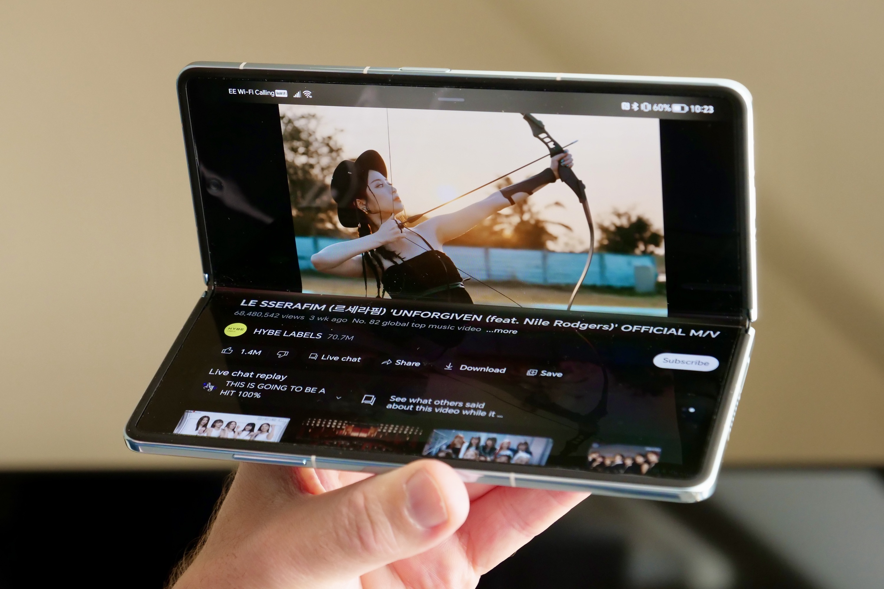 YouTube app running on the half-open Honor Magic Vs.