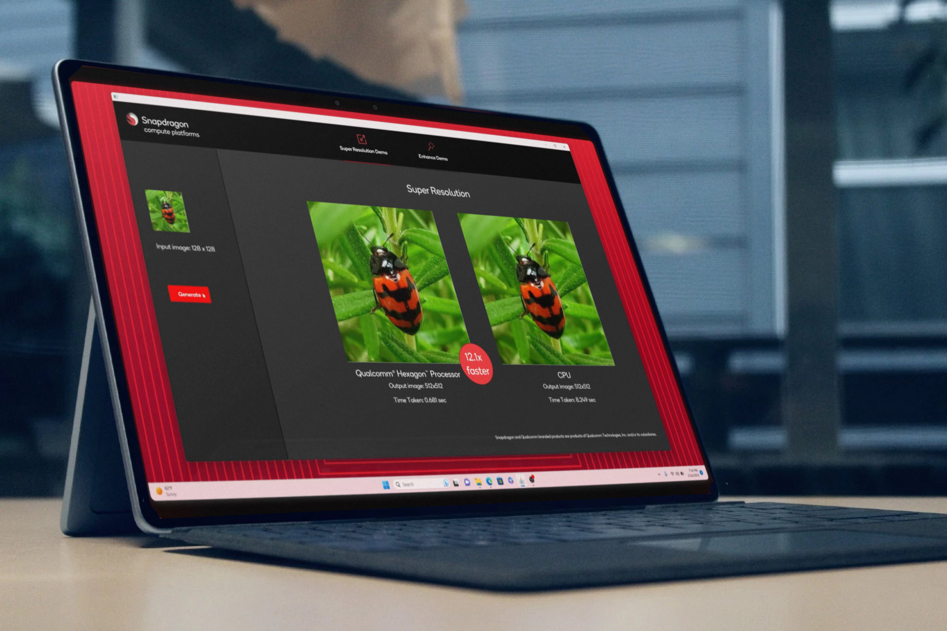 Qualcomm super resolution demo superimposed on a Microsoft Surface Pro 9.