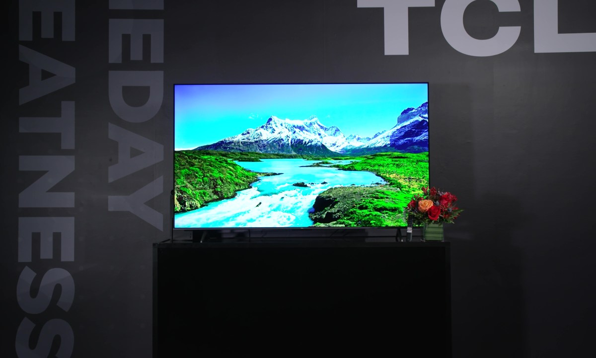 A river runs through a fertile valley with a mountain in the distance on a TCL QM8 Mini-LED TV.