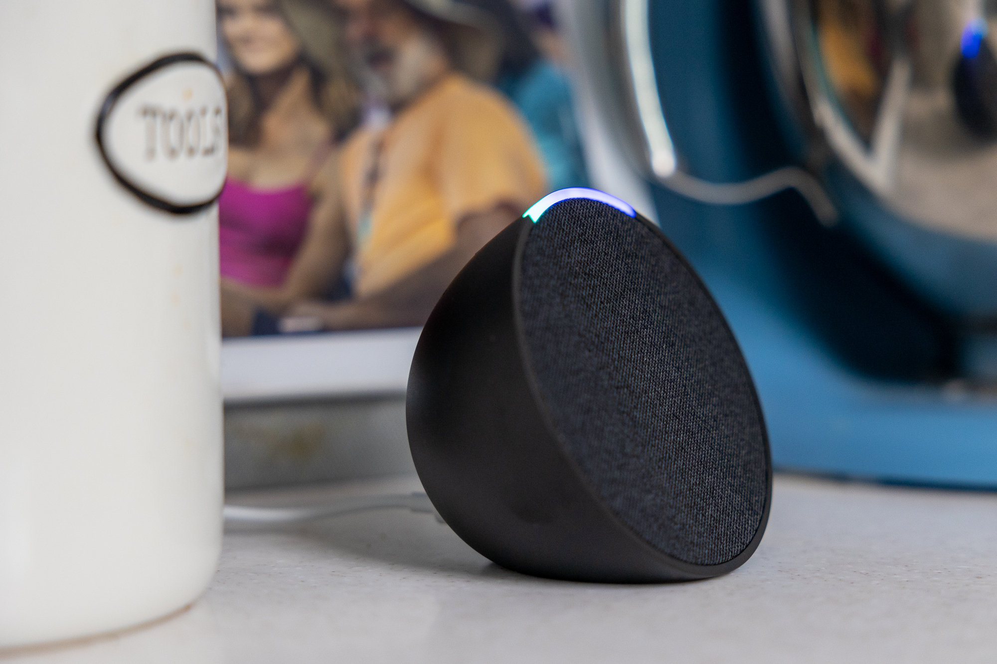 The Echo Pop sitting on a countertop.