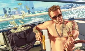 A man drives away in a boat with stolen money in Grand Theft Auto 5 art.