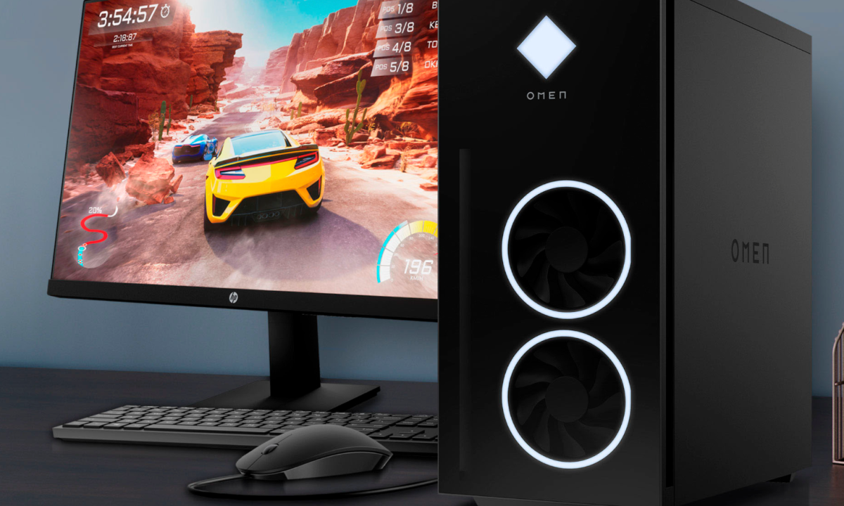 HP Omen 40L Gaming PC on a table connected to a monitor.