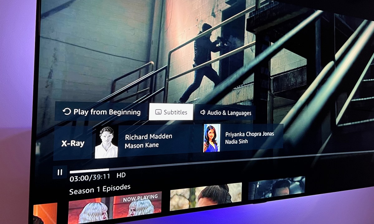 Amazon Prime Video playing on a TV with the Subtitles menu.