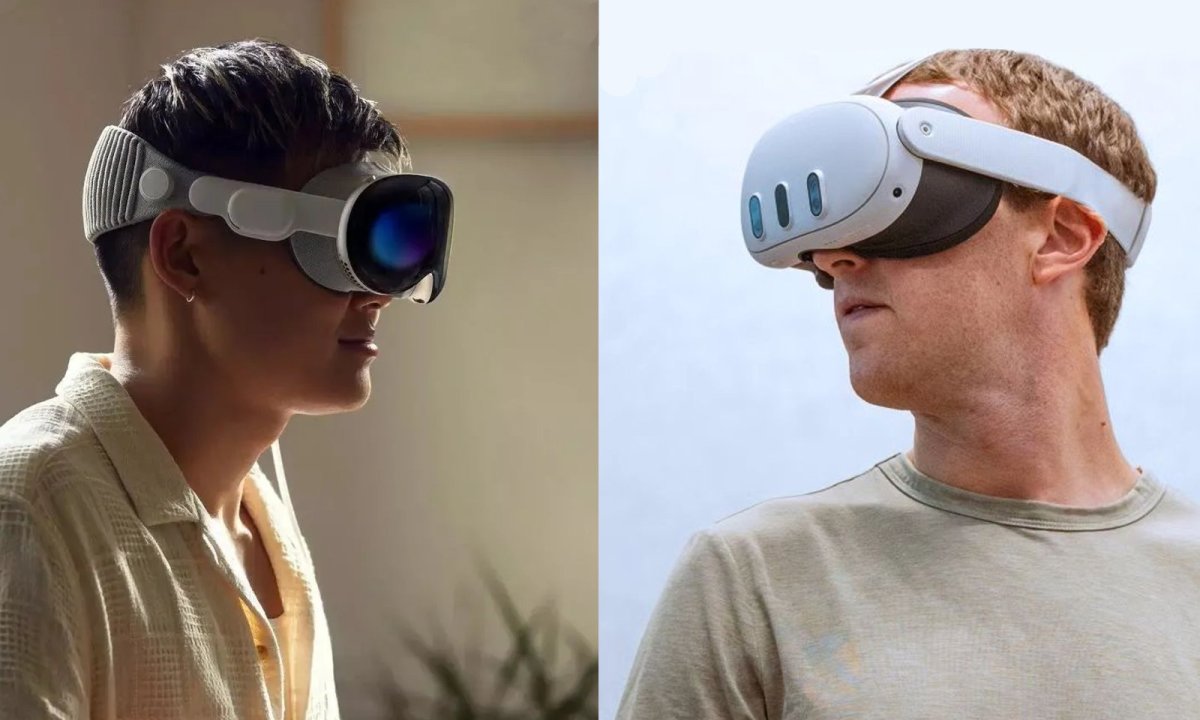 A divided image shows an Apple Vision Pro and Meta Quest 3.