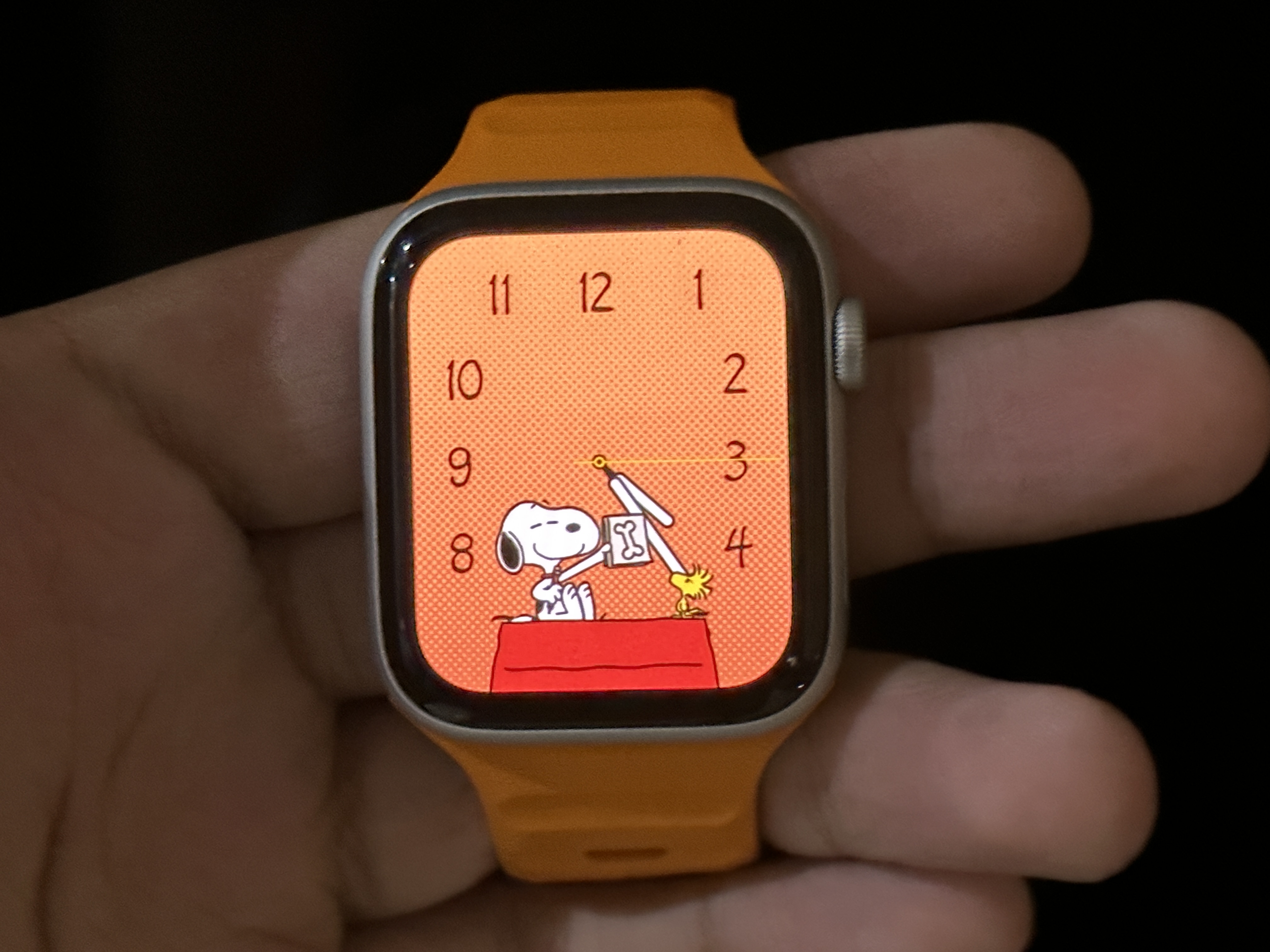 Snoopy Watch Face with Pumpkin background on Apple Watch SE.