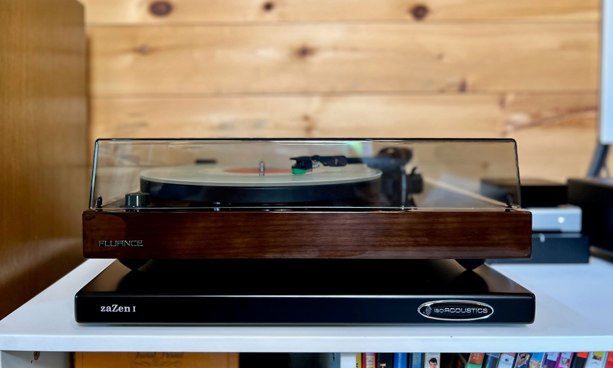The Fluance RT81+ turntable in walnut finish with the dust cover down.
