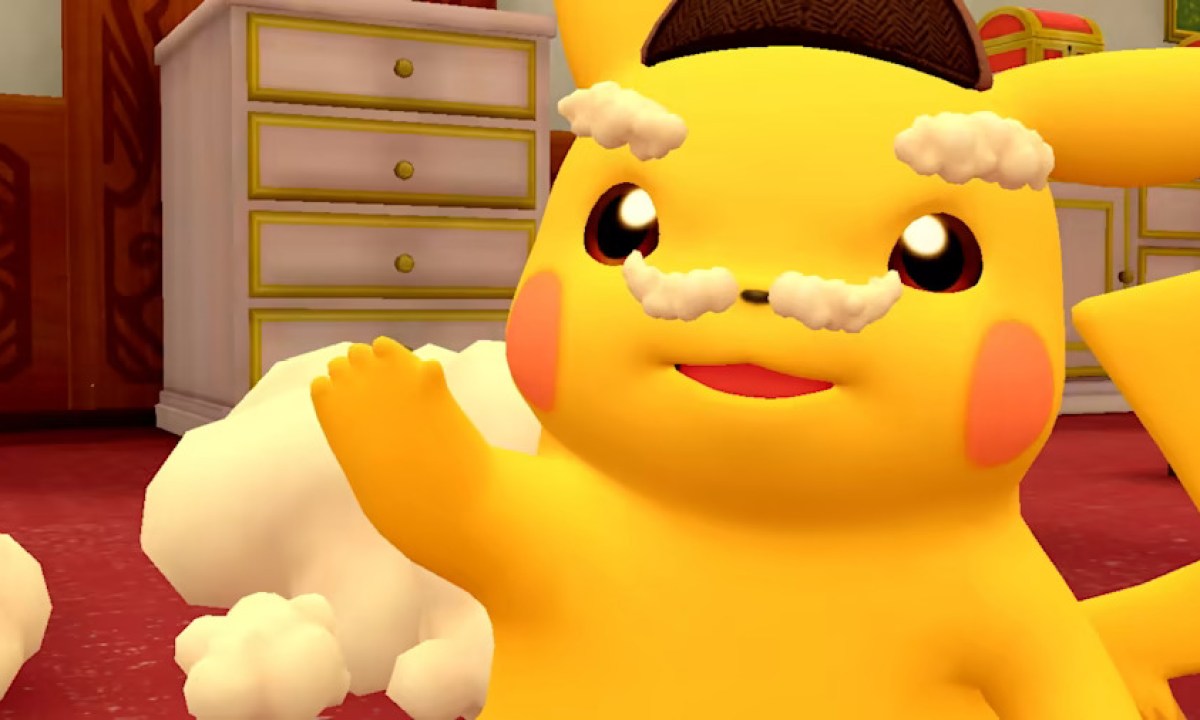 Pikachu has Whimsicott flff on his face in Detective Pikachu Returns.